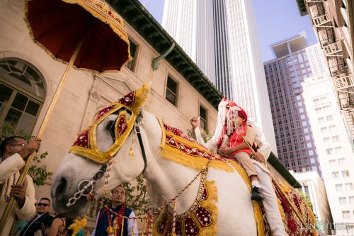 Barrat Horse Millennium Biltmore Hotel Los Angeles Wedding Photography Baraat Indian Wedding Tradition
