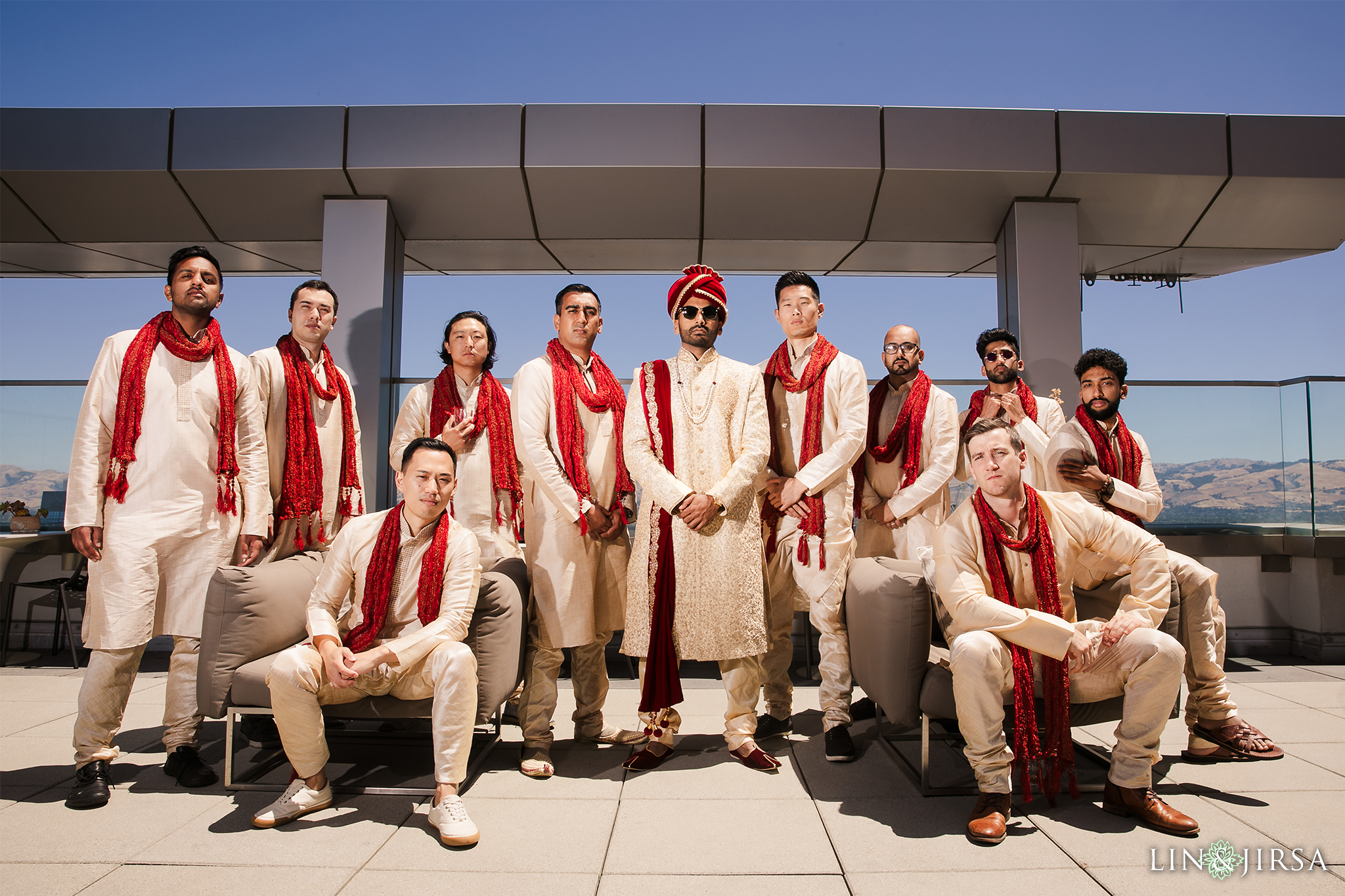 Groomsmen portraits at the San Jose Marriott Indian wedding celebrating each individual relationship