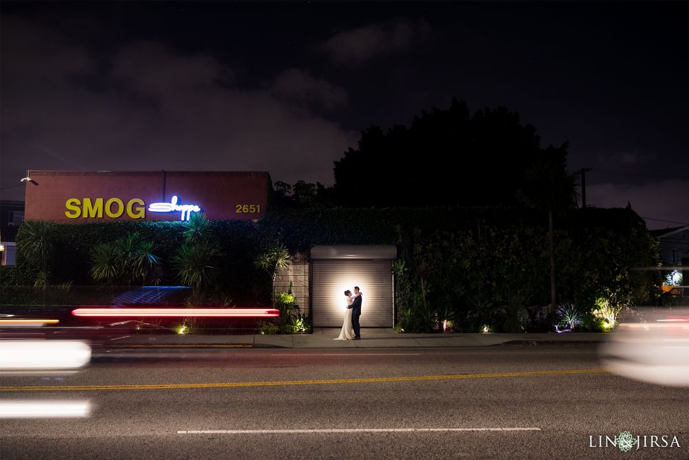 Lin and Jirsa photographing a Chinese wedding with Orange Blossom Special Events in front of the Smog Shoppe in Los Angeles, located at 2651 S La Cienega Blvd, Los Angeles, CA 90034